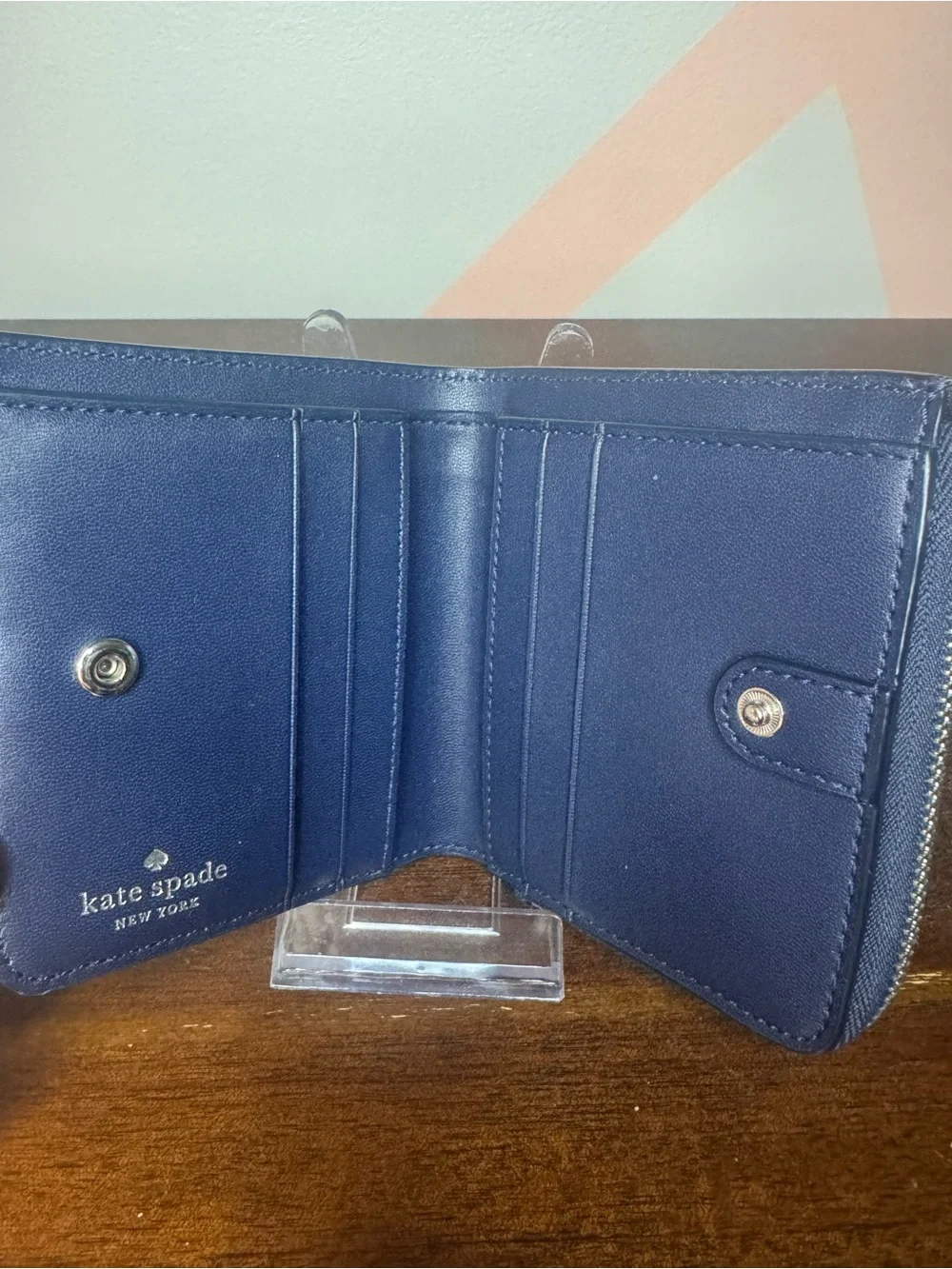 kate spade Navy Leather Zip Card Holder with Gold Logo